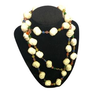 Unique Glass Beaded Cream and Multicolored Handmade Long Necklace